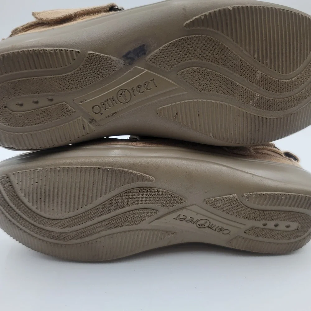 Orthofeet 77873 Womens 11‎ Wide Tan Leather Mesh Fisherman Sandals Bungee Strap